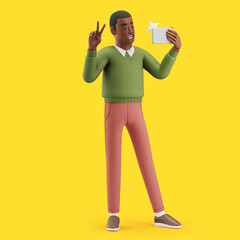 Cheerful young African man taking a selfie with smartphone. Mockup 3d character illustration