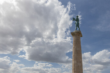 The Pobednik monument, Victor monument on Kalemegdan fortress Belgrade Usce at cloudy spring day.