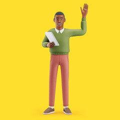 Cheerful young African man with tablet waving at the camera. Mockup 3d character illustration