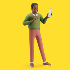 Cheerful young African man using a smartphone. Mockup 3d character illustration