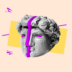 Contemporary art collage with antique statue head in a surreal style.