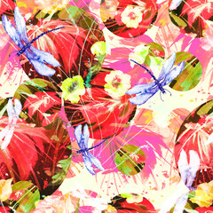 Fototapeta na wymiar Creative seamless watercolor pattern of plants, Herbs, flowers, poppy, lily, tulip.flowers watercolor, stylish pattern. Abstract paint splash. Watercolor background. Abstract. The dragonfly flies. 