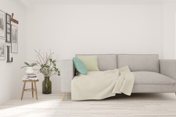 White living room with sofa. Scandinavian interior design. 3D illustration