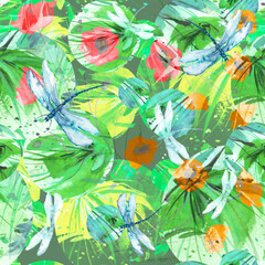 Creative seamless watercolor pattern of plants, Herbs, flowers, poppy, lily, tulip.flowers watercolor, stylish pattern. Abstract paint splash. Watercolor background. Abstract. The dragonfly flies. 