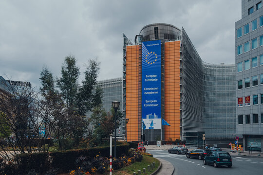 Brussels, Belgium - August 16, 2019: Wide view of Schuman Roundabout and The Berlaymont office building in Brussels, Belgium.