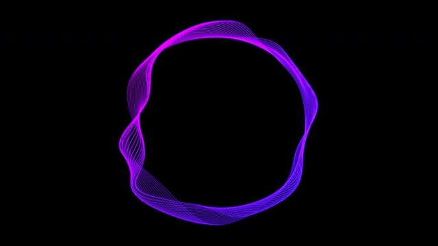 Isolated geometric circle shape. Abstract kinetic background. Chaotic movement of colorful curved lines. Sound wave effect. Space for the text. Frame for text, logo, product presentation. 4k