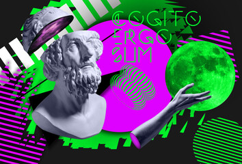 Contemporary art collage with antique statue head in a surreal style.
