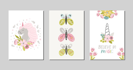 Set of nursery unicorn and fantasy cards and posters, whimsical banner design with rainbow, unicorn, vector meadow flowers and bouquets