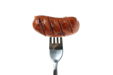 Fork with grilled sausage isolated on white background
