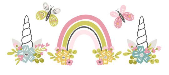 Set of Unicorn horns, rainbows and butterflies decorated with flowers. Nursery clipart, baby room decoration, whimsical cute unicorn clipart © saltoli
