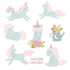 Set of hand drawn cute unicorn animal clipart in whimsical scandinavian vector style for baby and nursery banner, card, stationery design