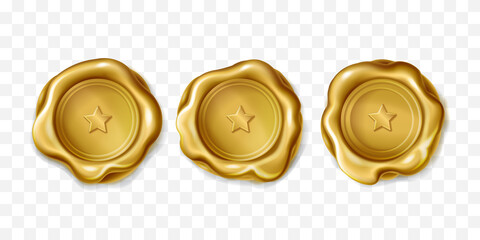 Realistic vector set of golden wax seal approval sealing. Gold elite stamp with star for letter or document. Quality guarantee blank retro postal round labels, royal insignia on transparent background