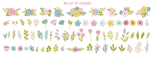 Big set of whimsical hand drawn meadow flowers, flower bouquets, floral branches for fairytale baby and nursery cards, banners, stationery design.