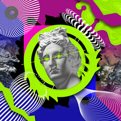 Contemporary art collage with antique statue head in a surreal style.