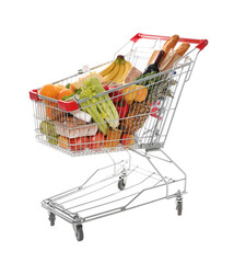 Shopping cart full of groceries on white background