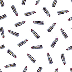 Red lip lipstick isolated on white background. Acrylic painting. Handwork makeup art. Seamless pattern for design.