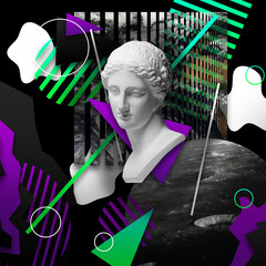 Contemporary art collage with antique statue head in a surreal style.
