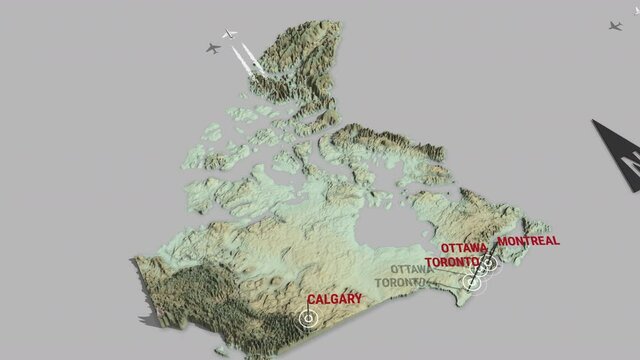 Seamless looping animation of the 3d terrain map of Canada with the capital and the biggest cites in 4K resolution