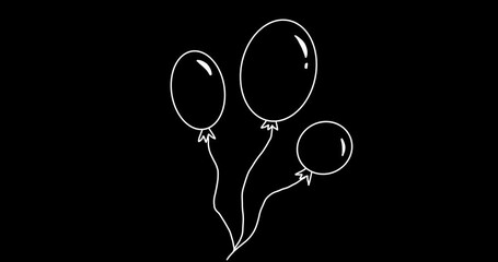 Set of Hand-drawn LOOP Animation Elements in a kids style: shining crown, flying baloons, bursting soap bubbles and exploding bomb. Doodle style on transparent background. Alpha channel.