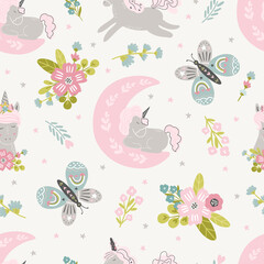 Unicorn Meadow digital paper, unicorn seamless pattern for kids and baby products, fabric, textile, stationery, wallpaper, gift wrapping. © saltoli