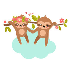 Sloth babies cling to each other s paws and hang on a tree branch.