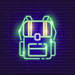 Camping backpack neon icon. Vector illustration for the design of advertising, website, promotion, banner, brochure, flyer. Hike, travel, camping Concept.