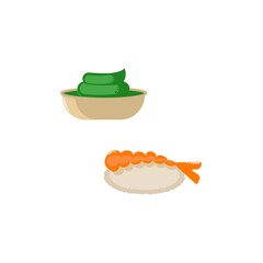 sushi set with shrimp and wasabi sauce. Signature Japanese cuisine. Rice ball with shrimp. Vector illustration isolated on white background. Icon for the menu of restaurants. EPS.
