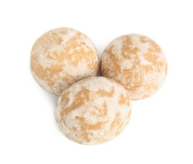 Tasty homemade gingerbread cookies on white background, top view