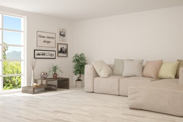 Minimalist living room in white color with sofa and summer landscape in window. Scandinavian interior design. 3D illustration