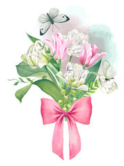 Pink and white tulips bouquet with bow