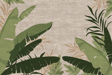 Botanical background of tropical banana leaves, green plants, beige branches. Natural pattern for decorating leaflets, printing on paper, stationery, banners, linen-textured wallpaper.