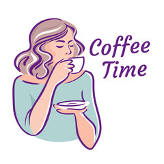 Beautiful woman with Cup of Coffee or Tea. Coffee time Concept. Vector Illustration.