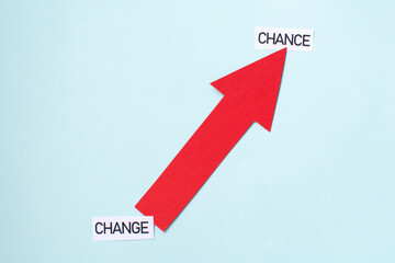 A red arrow and words change and chance. The concept of growth and development