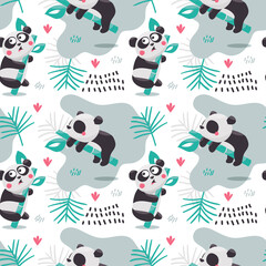 Seamless cute cartoon vector pattern with Panda Bears on bamboo branches, leaves and plants