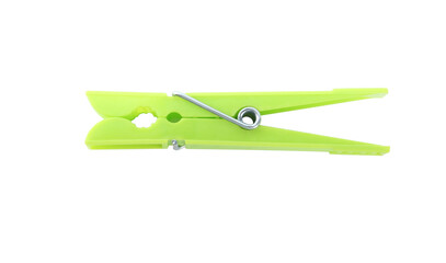 Bright green plastic clothespin isolated on white