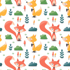 Obraz premium Seamless woodland forest vector pattern with foxes and leaves on dark background