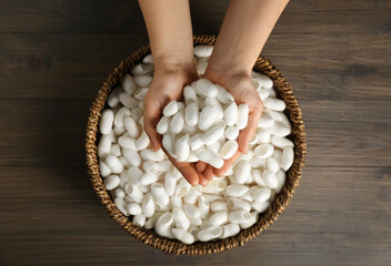 Woman holding white silk cocoons over bowl on wooden table, top view