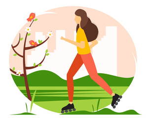 Woman riding on roller skates in the park. Spring illustration in flat style. 