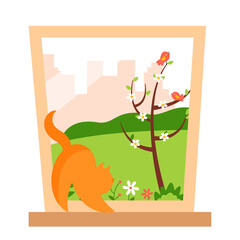 Spring window with a playful cat on the windowsill. Beautiful spring landscape in the window. Cute illustration.	