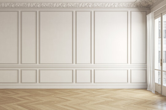 Beige-white classic empty interior with blank wall and moldings. 3d render illustration mock up.