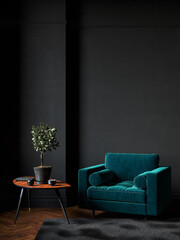 Black room interior with green velour armchair, wood floor, carpet and decor. 3d render illustration mock up.