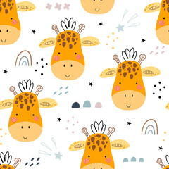 Cute giraffe Pattern print for kids. Funny cute scandinavian giraffe cartoon style. vector print. Perfect for kids apparel, poster, baby shower card. Printable templates. Vector illustration - 431914473