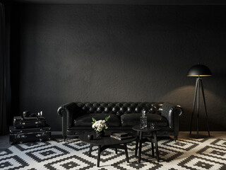 Black room interior with chester leather sofa and decor. 3d render illustration mock up. - obrazy, fototapety, plakaty