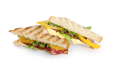 Tasty sandwiches with salami isolated on white