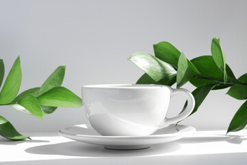 White tea or coffee mug and saucer, on a white table in the rays of the sun, with hard shadows, green leaves of a home plant. Copy space