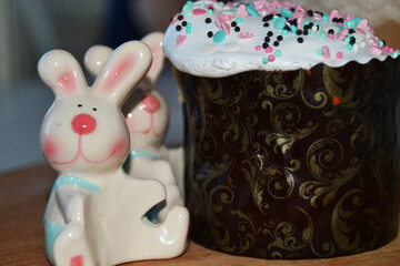 Fototapeta na wymiar Easter composition. Decorated with hare and egg, Easter table with soft white hare and Easter cake.