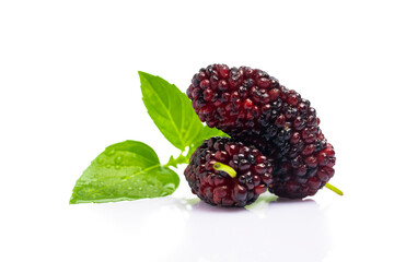 Ripe and delicious black mulberry on white background. 