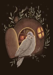 a bright owl in a nightcap with stars sits on a branch in front of his cozy house, where a kettle is boiling and the light is on, outside it is night and the forest, 2d illustration - obrazy, fototapety, plakaty