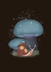 A snail with a shell house with lights in the windows, a roof in the form of a mushroom, mushrooms instead of eyes, grass and netting neon blue mushrooms on the background, white moths flying around, 