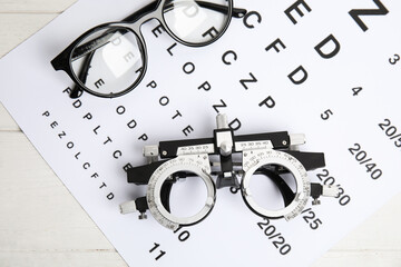 Trial frame, eye chart test and glasses on white wooden table, top view. Ophthalmologist tools